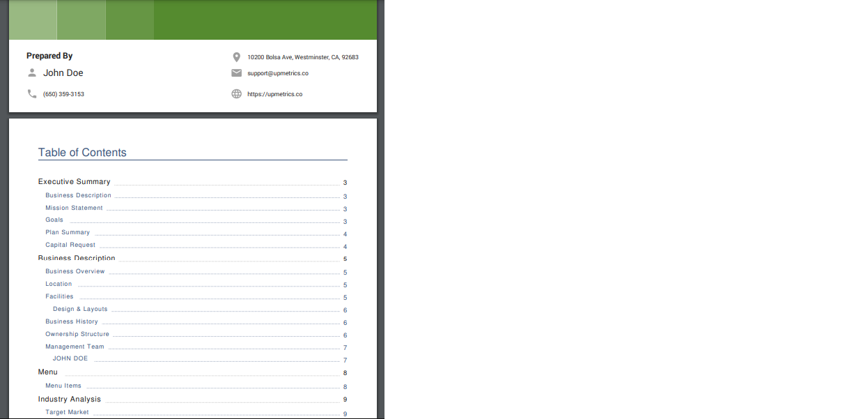 Business plan example from UpMetrics